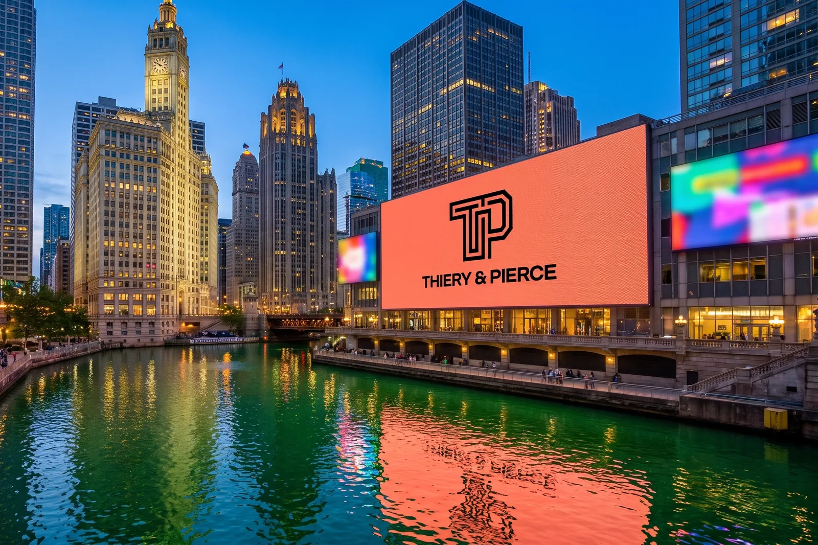 Our logo on a large screen by the Chicago River